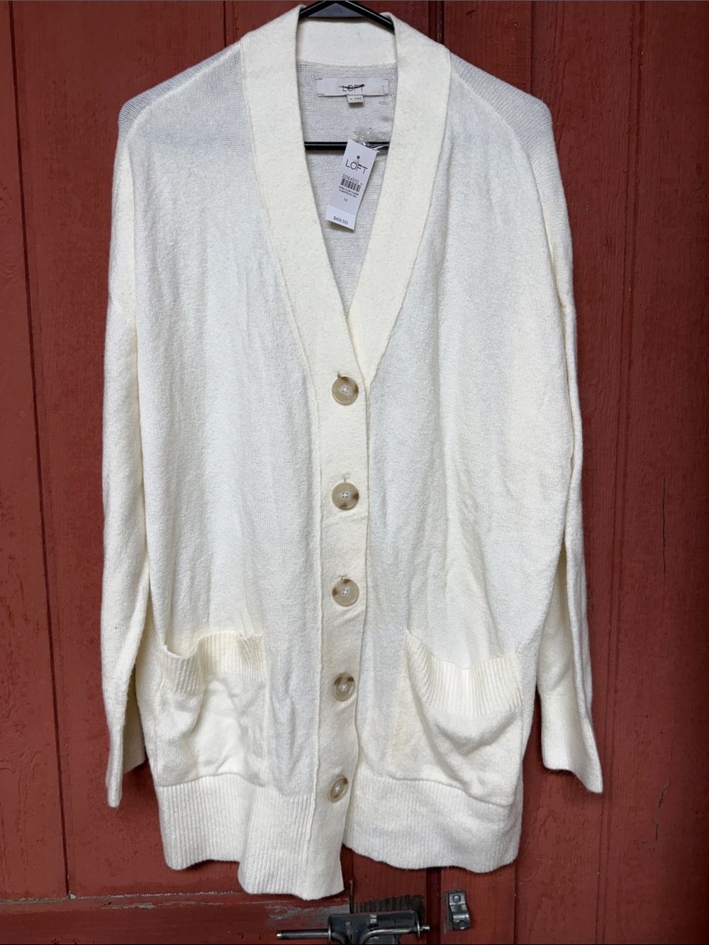 LOFT Ivory Button-Front Cardigan with Pockets